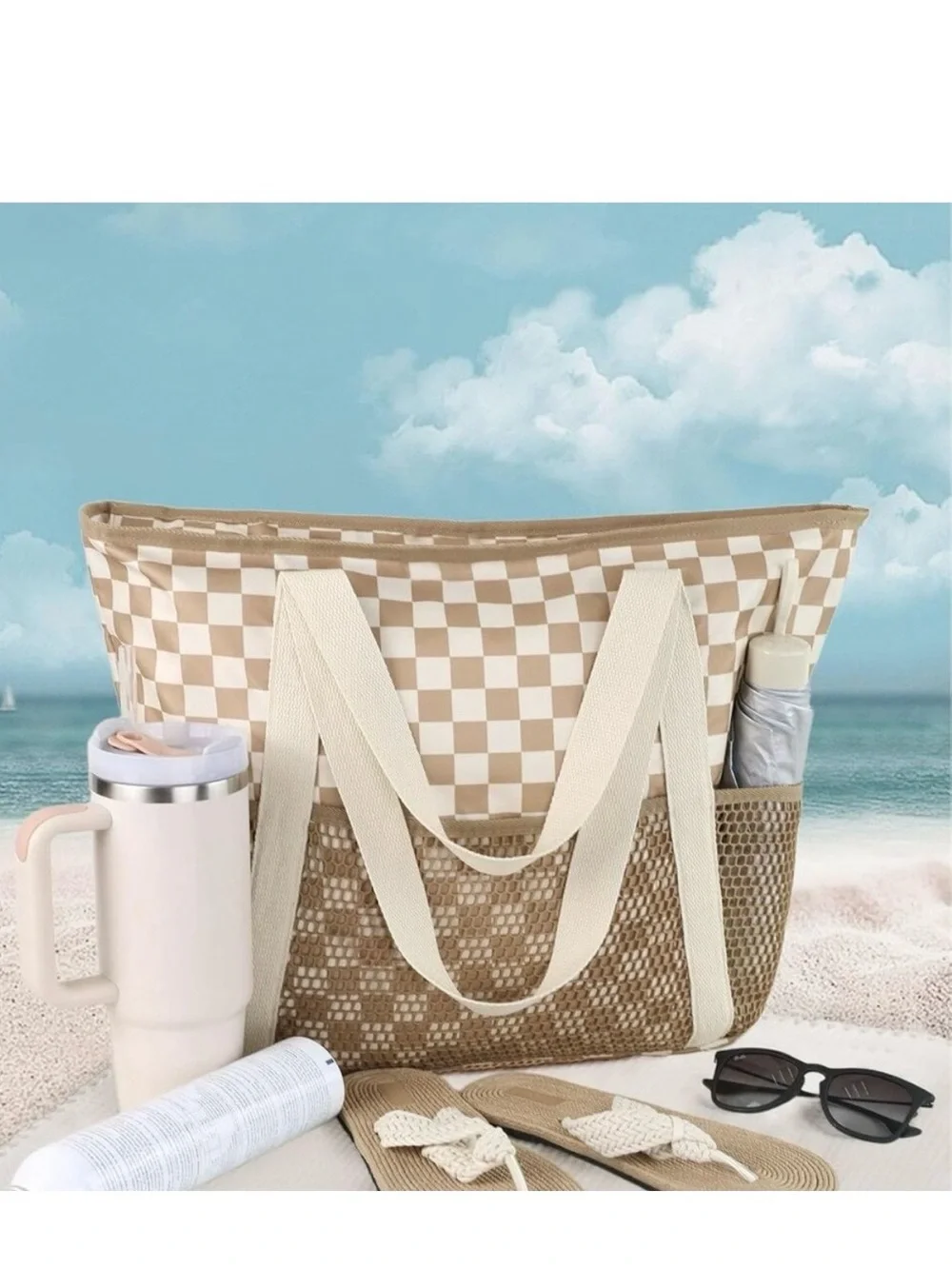 Beige & Cream Checkered Beach Waterproof Tote Bag with Mesh Pocket Zipper NWOT